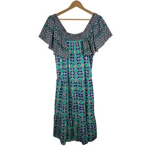 NWT Ro's Garden Jenna Dress‎ Ivan Blue Size Medium Smocked Geometric Boho Chic